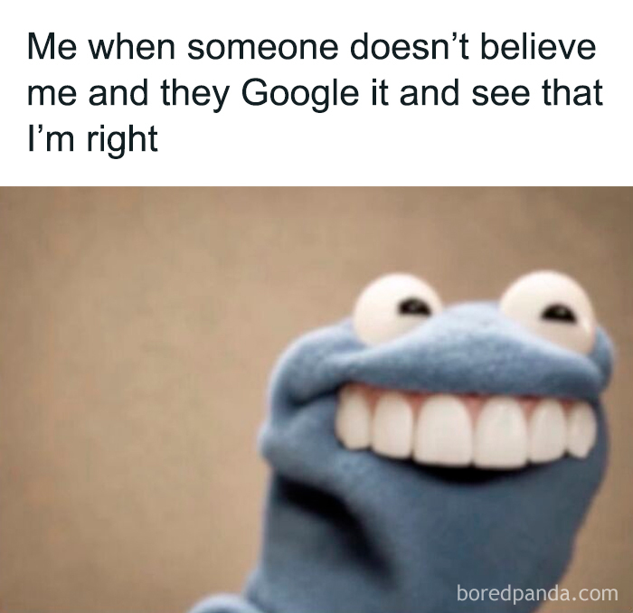 Relatable female meme with smiling puppet and text about proving being right by Googling