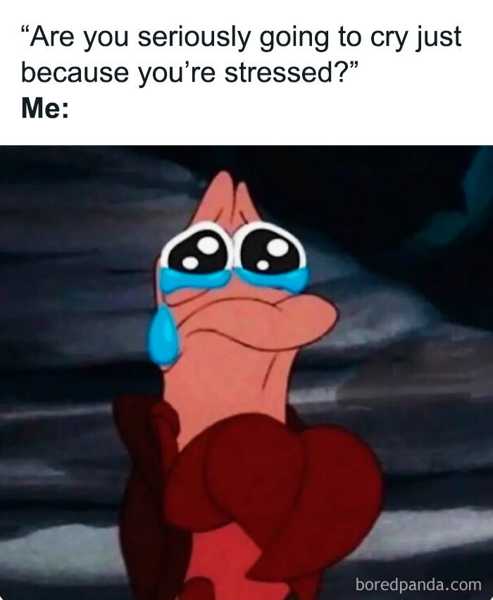 Female meme with crying cartoon crab stressed and emotionally overwhelmed