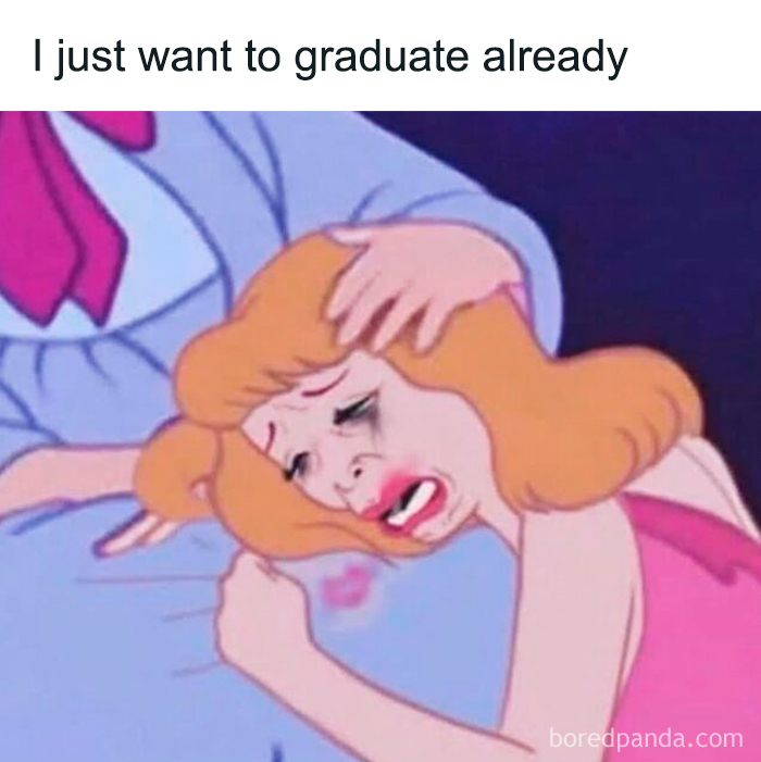 Relatable female meme of crying cartoon woman wanting to graduate