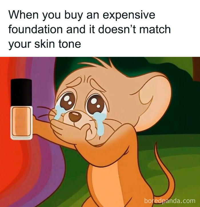 Relatable female meme of crying cartoon mouse with mismatched foundation
