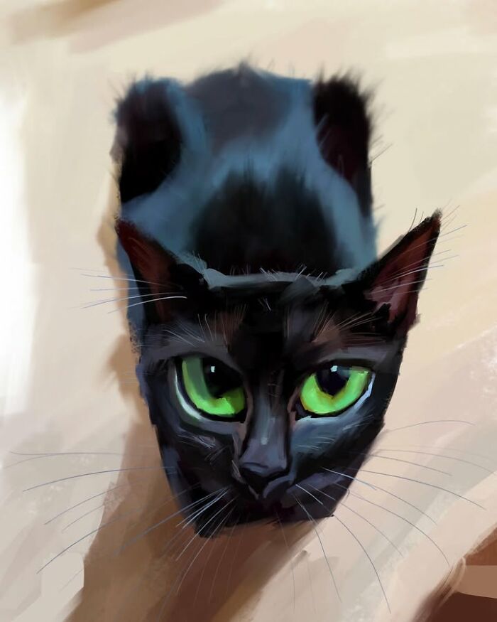 Digital caricature of a black cat with striking green eyes looking up