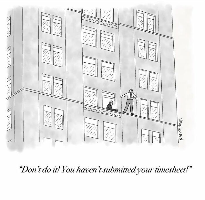 Man on ledge being stopped from jumping over unsubmitted timesheet in comedy comic