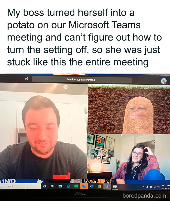 Microsoft Teams meeting with boss stuck as a potato meme during video call