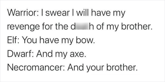Fantasy meme with warrior, elf, dwarf, and necromancer dialogue