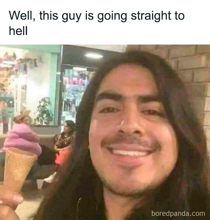 Man smiling holding ice cream cone shaped like a person meme