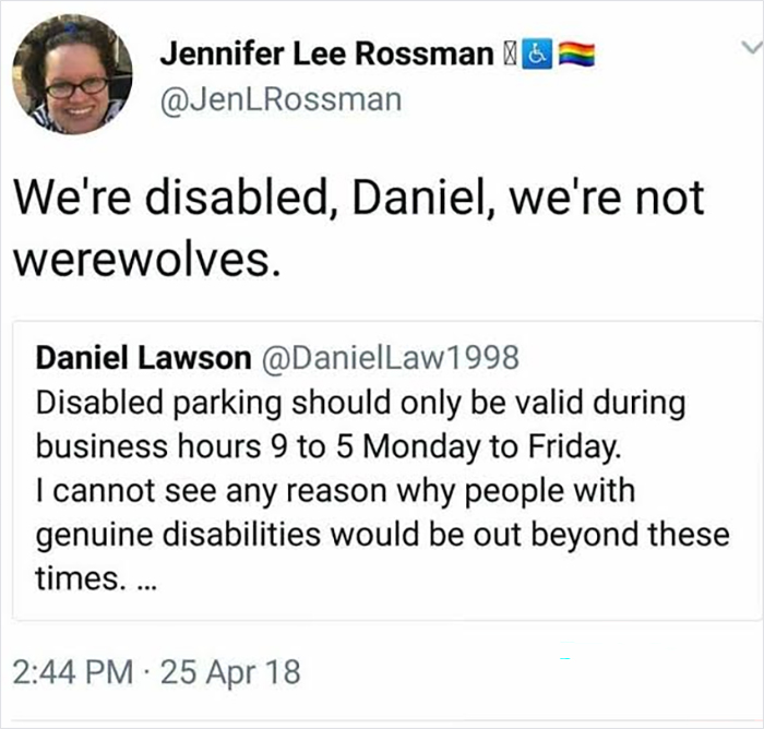 Tweet sarcastically replying to disabled parking restriction suggestions comparing disabilities to werewolves