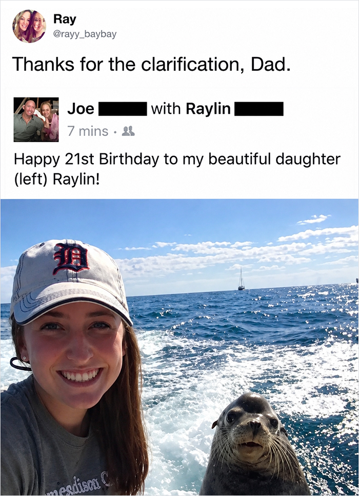 Birthday social media post with a young woman and a seal on a boat in the ocean
