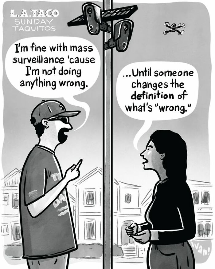 Cartoon on mass surveillance and changing definitions of wrongdoing by Ivan Ehlers