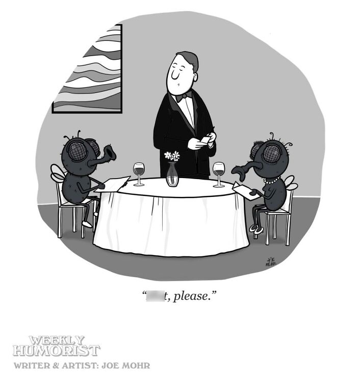 Cartoon of flies dining in a restaurant ordering with dark humor