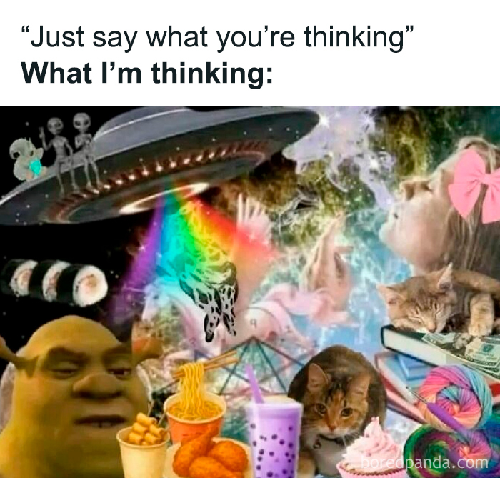 Relatable memes collage depicting chaotic random thoughts including Shrek, cats, and UFOs.