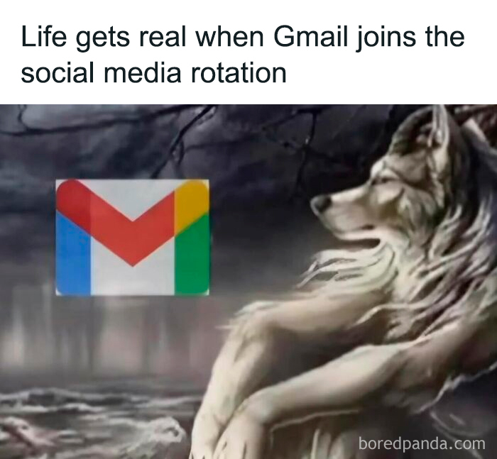 Relatable memes about a wolf next to the Gmail logo with text about checking email like social media