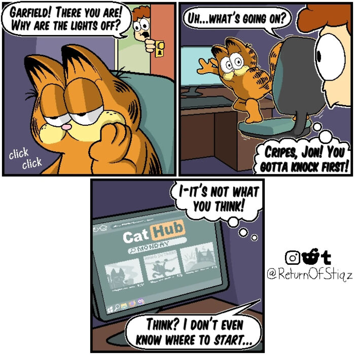 Funny comic panels depicting Garfield being caught browsing a parody site by Jon, showing silly humor and a twist.