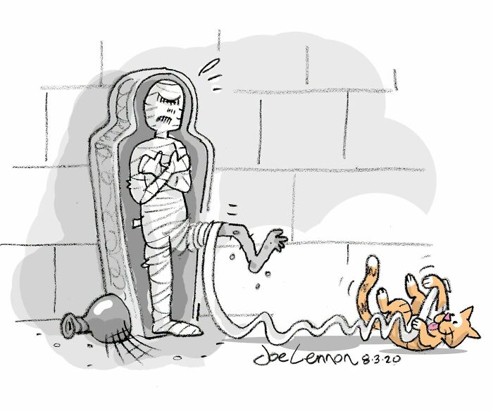 Mummy stuck in a coffin watching cat tangled in bandages in Halloween comic