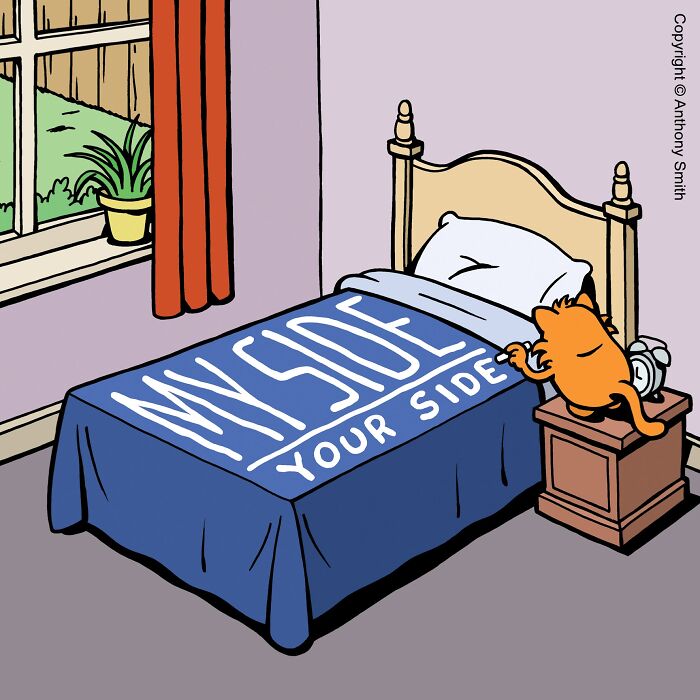Funny cat comics drawing of an orange cat claiming most of the bed with a blanket labeled MY SIDE and YOUR SIDE.