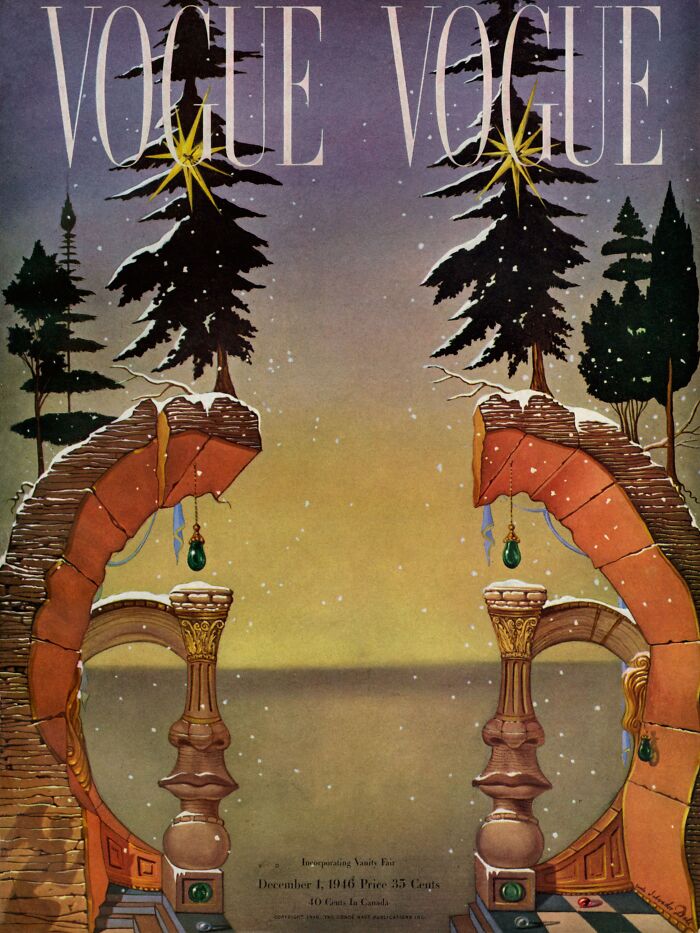 A surreal vintage Vogue cover featuring a winter landscape with pine trees and stone arches.