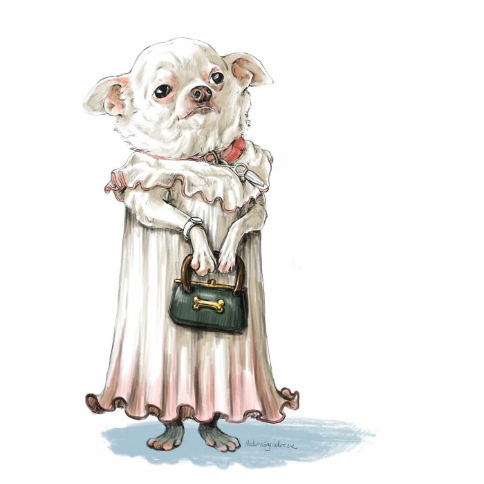 A white chihuahua in a pink dress, from the animal-filled parodies by Nelson Syndrome