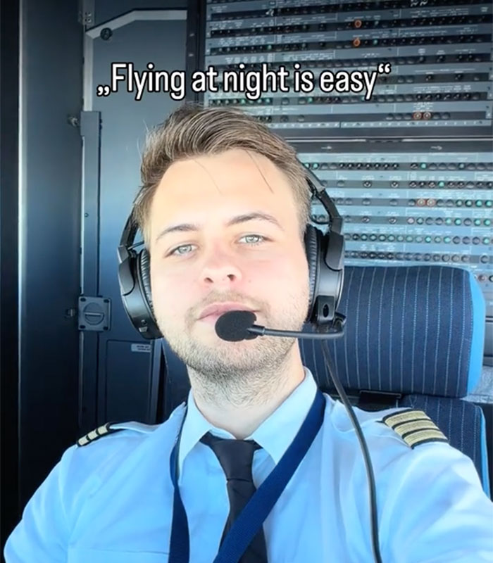 A selfie of a pilot in his cockpit before showcasing nighttime flying. A selfie of a pilot in his cockpit before showcasing nighttime flying.