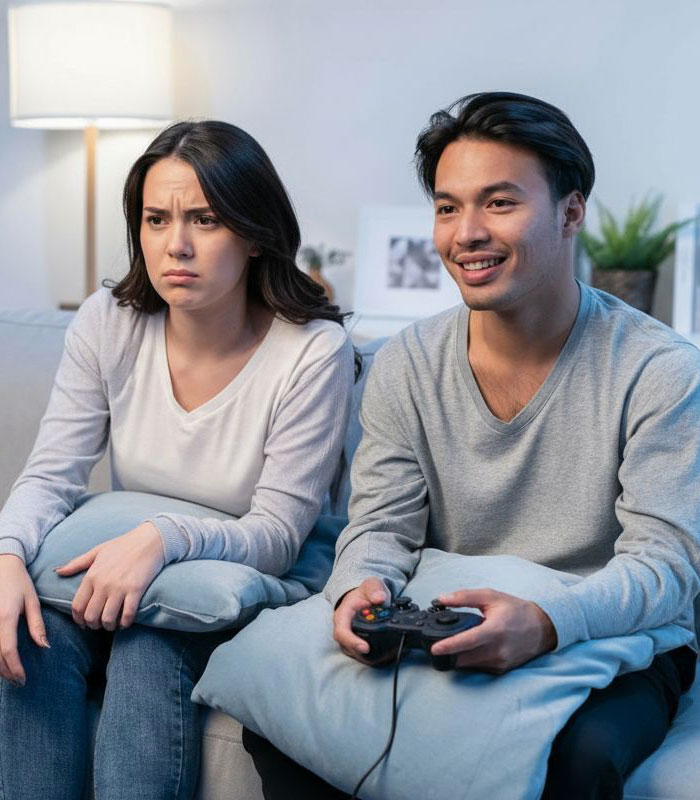 Husband playing video games while his annoyed wife sits next to him on the couch Husband playing video games while his annoyed wife sits next to him on the couch
