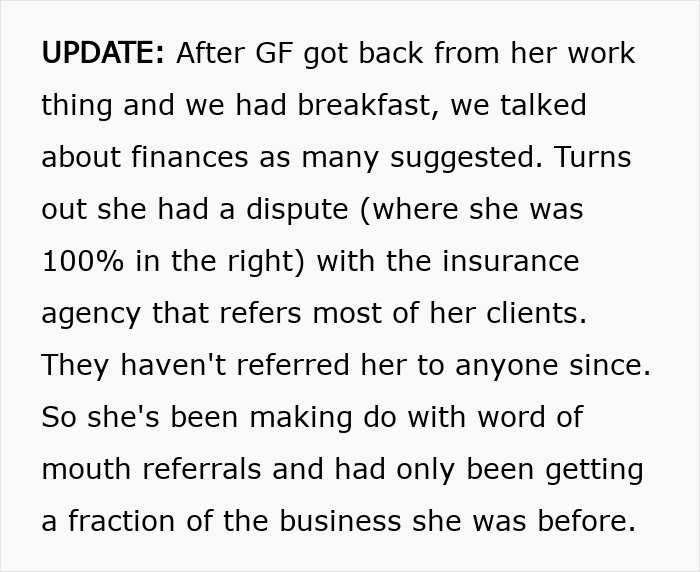 An update text on a white background, mentioning a discussion on finances after a couple fights. An update text on a white background, mentioning a discussion on finances after a couple fights.