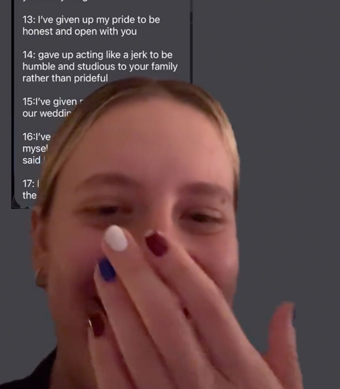 A woman covers her mouth while reading her ex-husband's list of marriage sacrifices