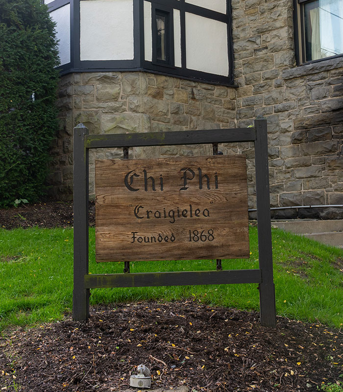 The wooden sign outside the Chi Phi fraternity house, linked to the Cornell 7 Snapchat message scandal. The wooden sign outside the Chi Phi fraternity house, linked to the Cornell 7 Snapchat message scandal.