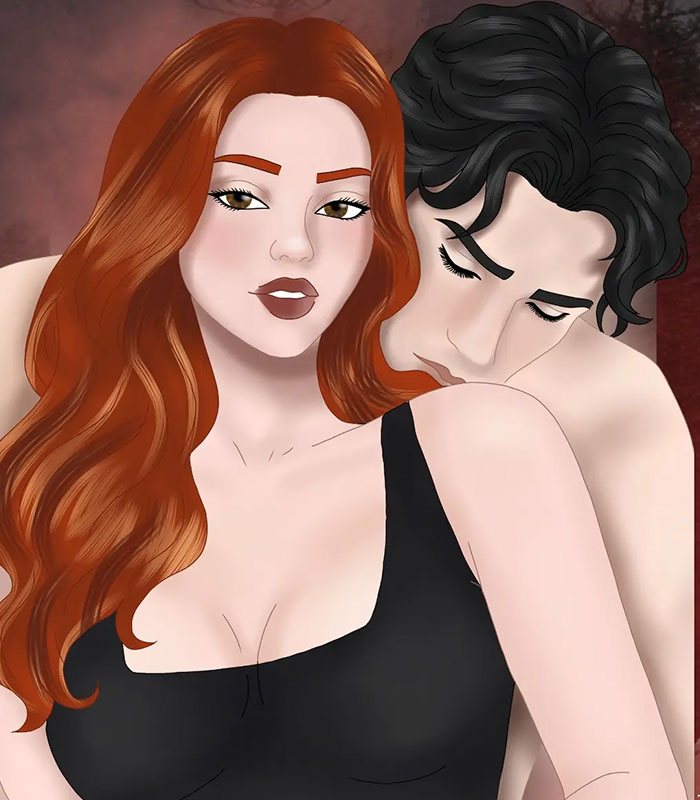 Digital illustration of an intimate moment between characters featuring spicy scenes in romantasy.