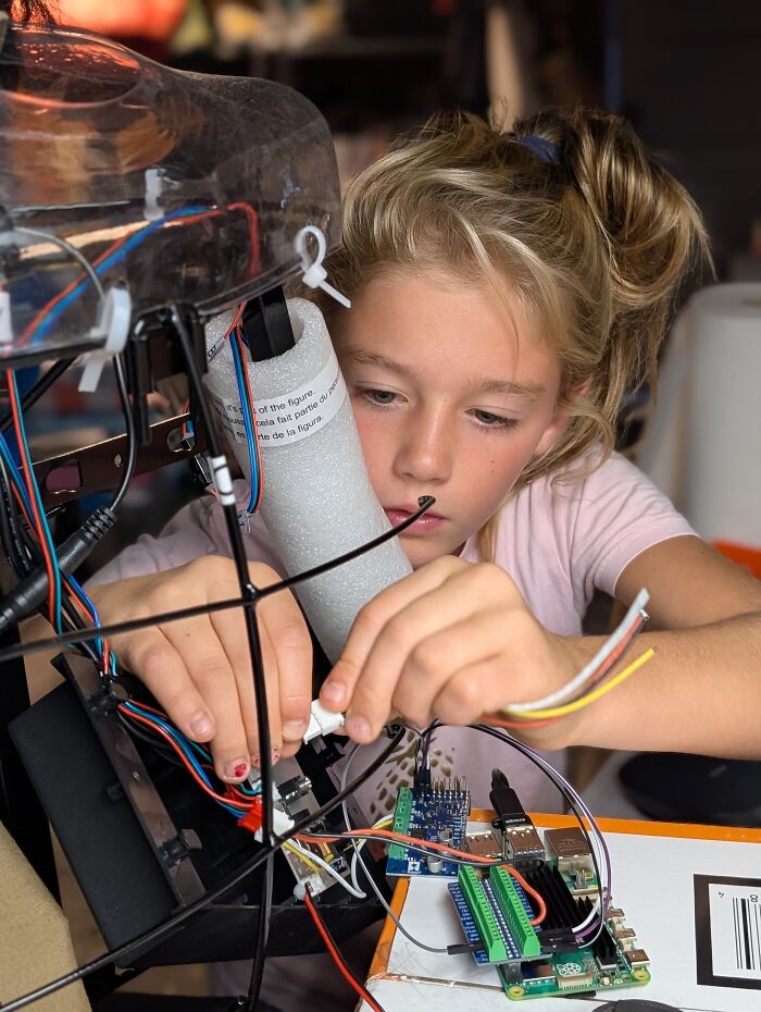 A young girl carefully connects wires to a tiny computer circuit board to build a talking skeleton. A young girl carefully connects wires to a tiny computer circuit board to build a talking skeleton.