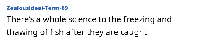 Online comment mentioning the science of freezing fish to prevent risks of eating sushi.