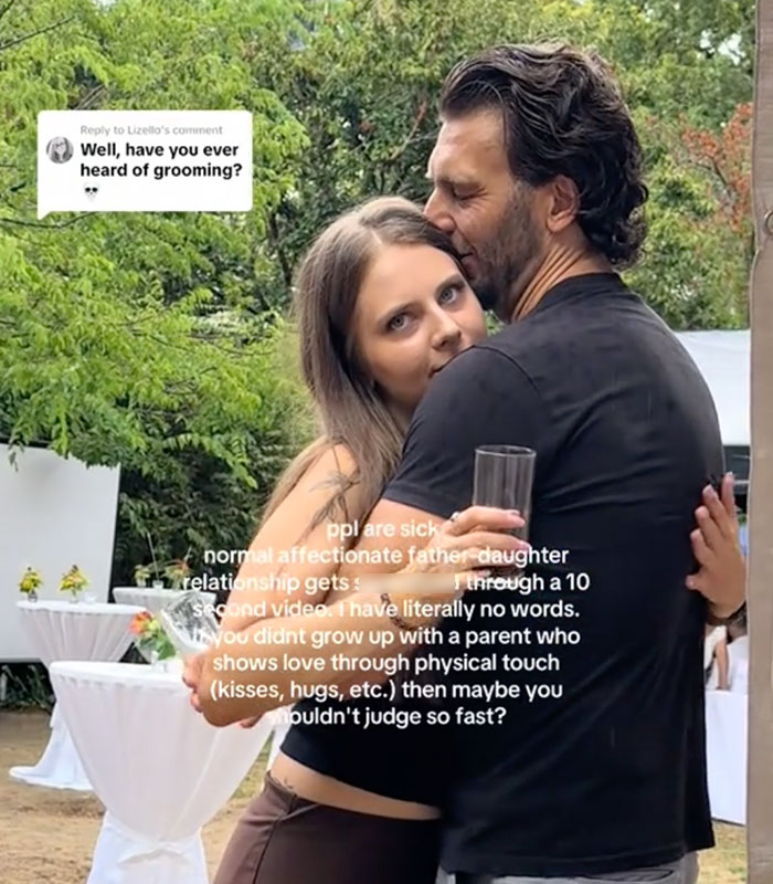 A young woman sharing an embrace with dad in an affectionate viral social media post.