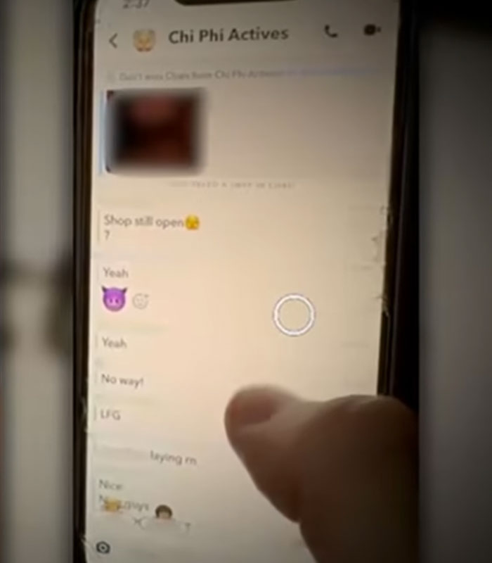 A smartphone screen displaying a Snapchat group chat named Chi Phi Actives involved in the Cornell 7 scandal. A smartphone screen displaying a Snapchat group chat named Chi Phi Actives involved in the Cornell 7 scandal.