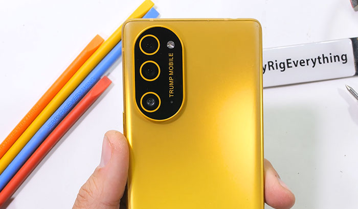 A close-up view of the golden back panel and camera module of the $499 Trump Mobile phone.