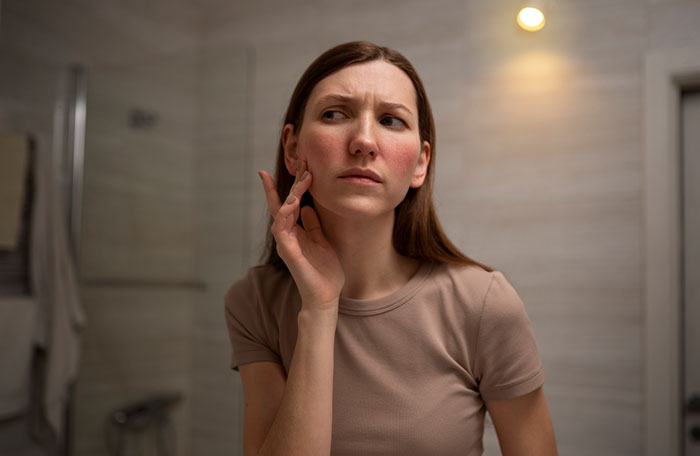 Woman examining skin condition in bathroom mirror concerned about white spots