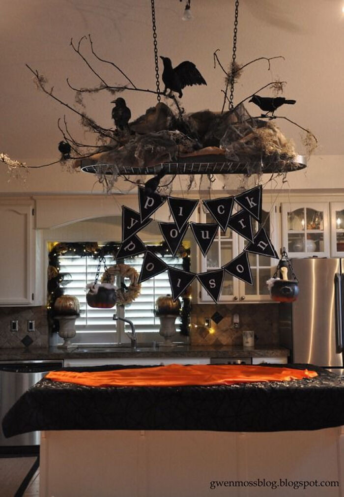 Spooky black birds and bunting featured in Halloween homes decor.