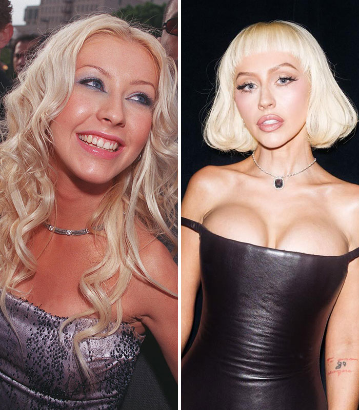 Side-by-side photo comparison of Christina Aguilera over the years showing her evolving fashion style.