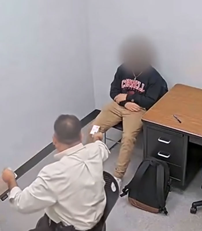 An interrogation scene involving a suspect in the Cornell 7 scandal.