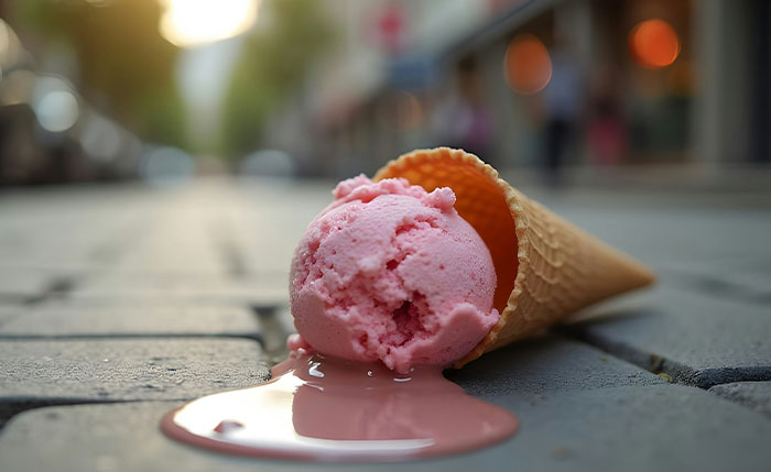 A dropped scoop of pink ice cream melting on a paved city sidewalk, representing public humiliation. A dropped scoop of pink ice cream melting on a paved city sidewalk, representing public humiliation.