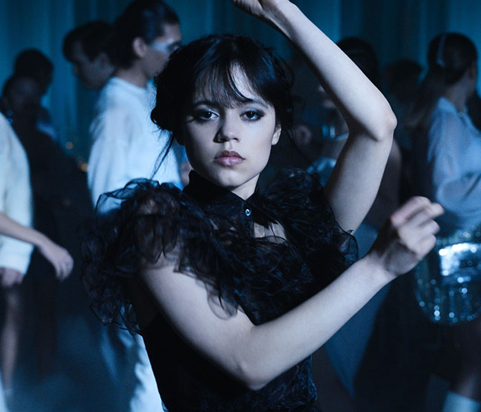 Jenna Ortega as Wednesday Addams performing her iconic dance scene. Jenna Ortega as Wednesday Addams performing her iconic dance scene.