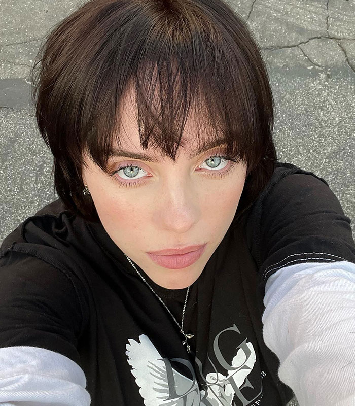 A close-up selfie of Billie Eilish with dark hair. A close-up selfie of Billie Eilish with dark hair.