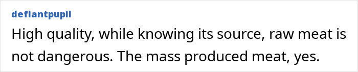 A comment discussing the risks of eating sushi and raw meat quality.