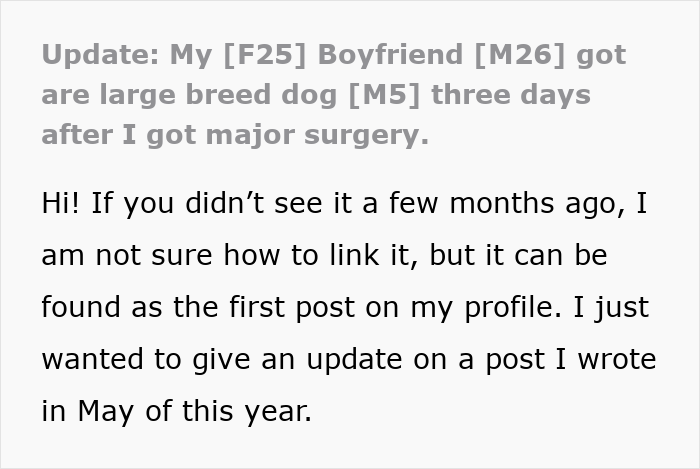 A Reddit post update about a boyfriend getting a large dog while girlfriend recovers from surgery