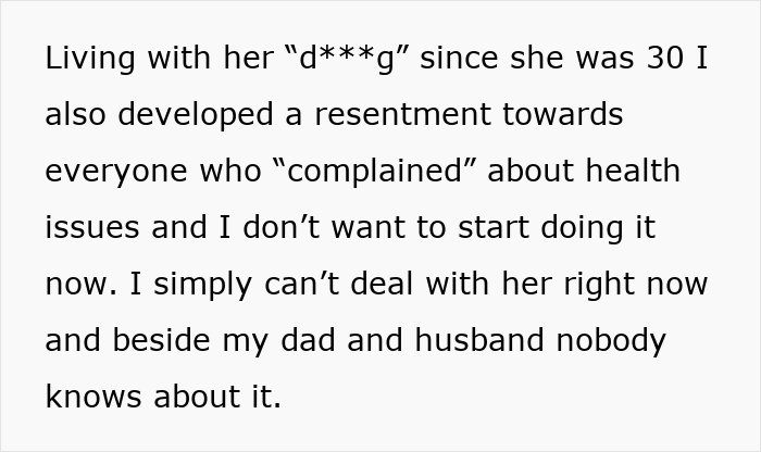Text excerpt about resentment and secret health struggles within family Text excerpt about resentment and secret health struggles within family