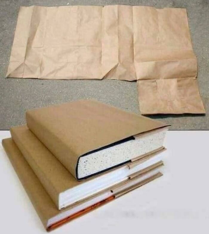 School textbooks covered in brown paper grocery bags, popular in '80s kids childhoods.