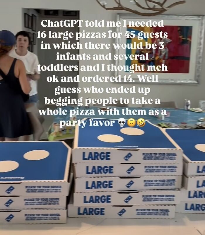 Stack of large pizza boxes and story about ordering pizzas for party in financial dystopia