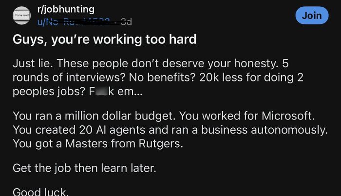 Text post about working too hard and job hunting struggles in financial dystopia