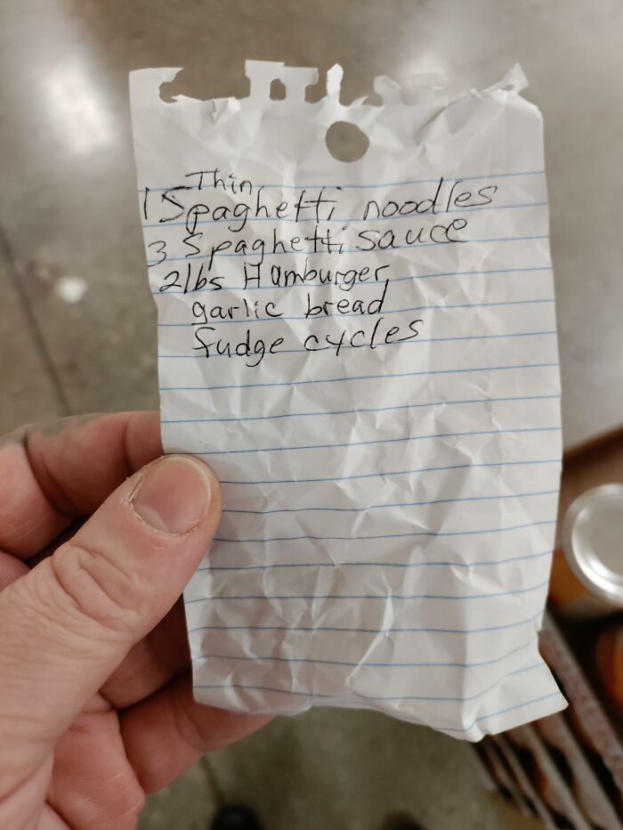 A handwritten grocery list on a torn piece of paper as a discovered found paper