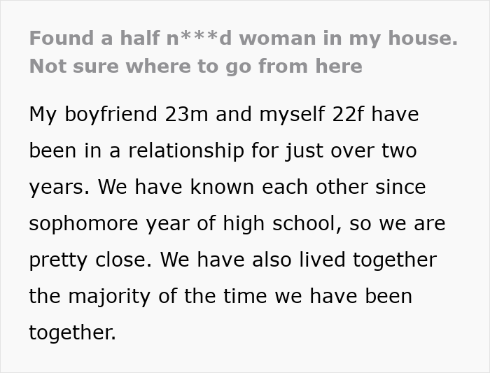 Text post detailing a story about finding an unfamiliar woman in the house, related to panicking boyfriend Text post detailing a story about finding an unfamiliar woman in the house, related to panicking boyfriend