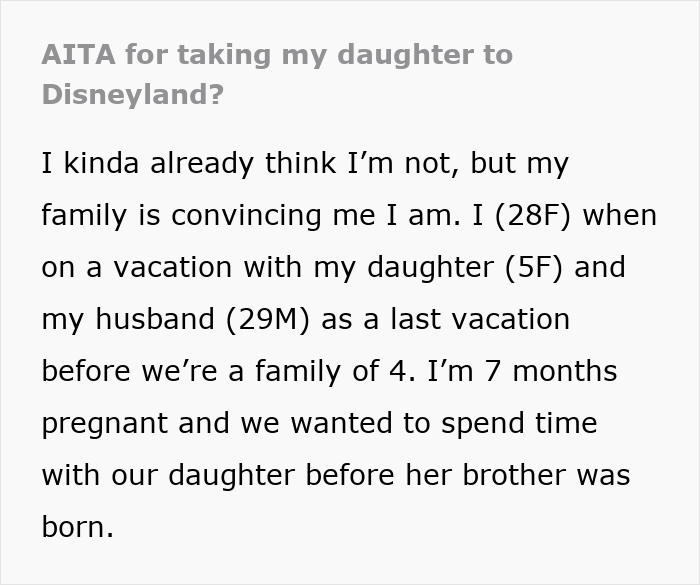 Screenshot of an online post detailing a family drama about taking a daughter to Disneyland. Screenshot of an online post detailing a family drama about taking a daughter to Disneyland.