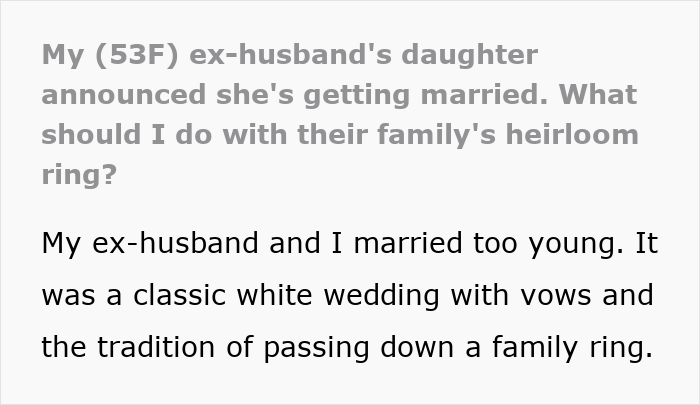 Text post about a woman asking what to do with her ex-husband's family heirloom ring Text post about a woman asking what to do with her ex-husband's family heirloom ring