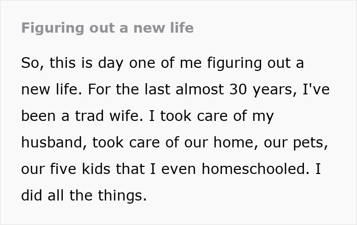 Text overlay of a former tradwife sharing her story about figuring out a new life. Text overlay of a former tradwife sharing her story about figuring out a new life.