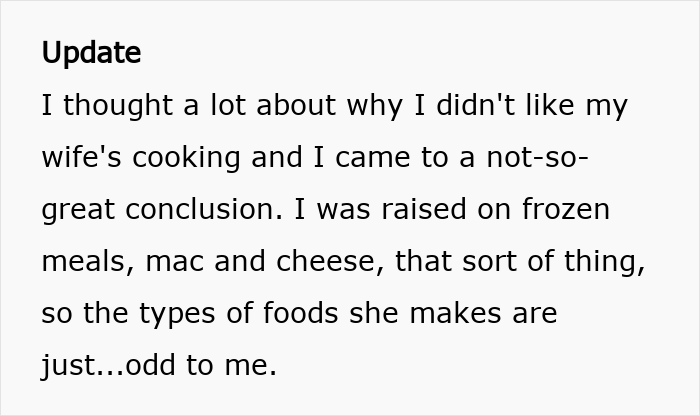 Man reflects on disliking wife's cultural cuisine due to unfamiliar foods in his upbringing Man reflects on disliking wife's cultural cuisine due to unfamiliar foods in his upbringing